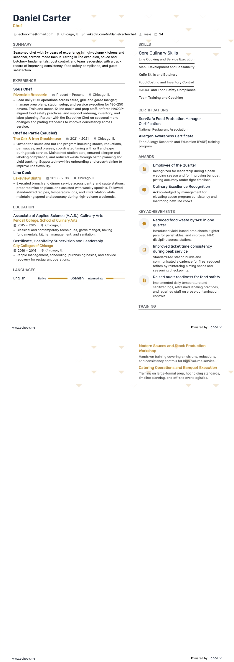 主厨 example resume