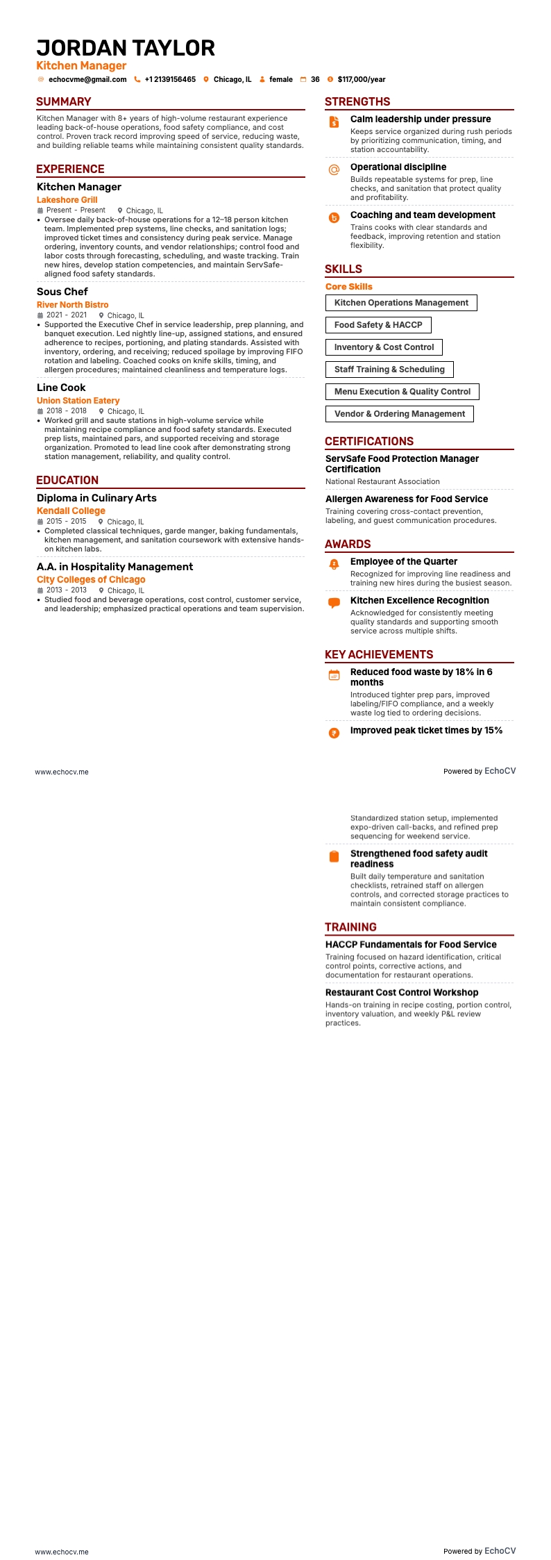 厨房经理 example resume