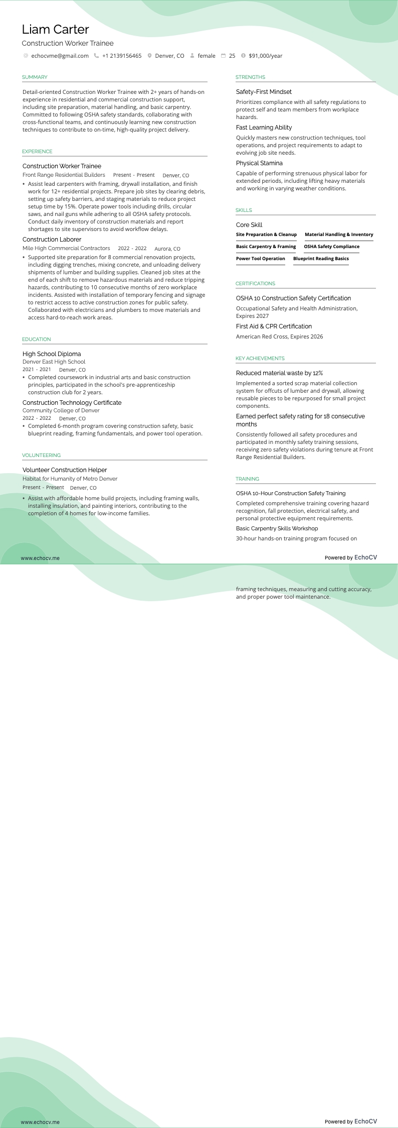 Construction Worker Trainee example resume