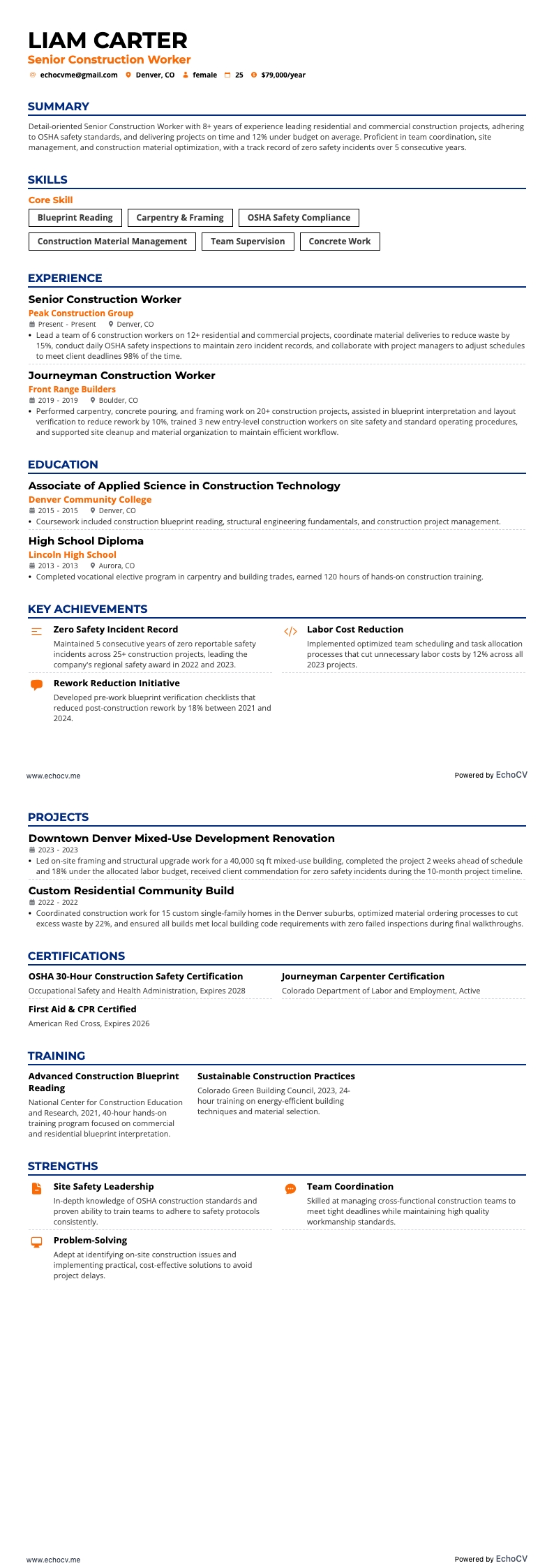 Senior Construction Worker example resume
