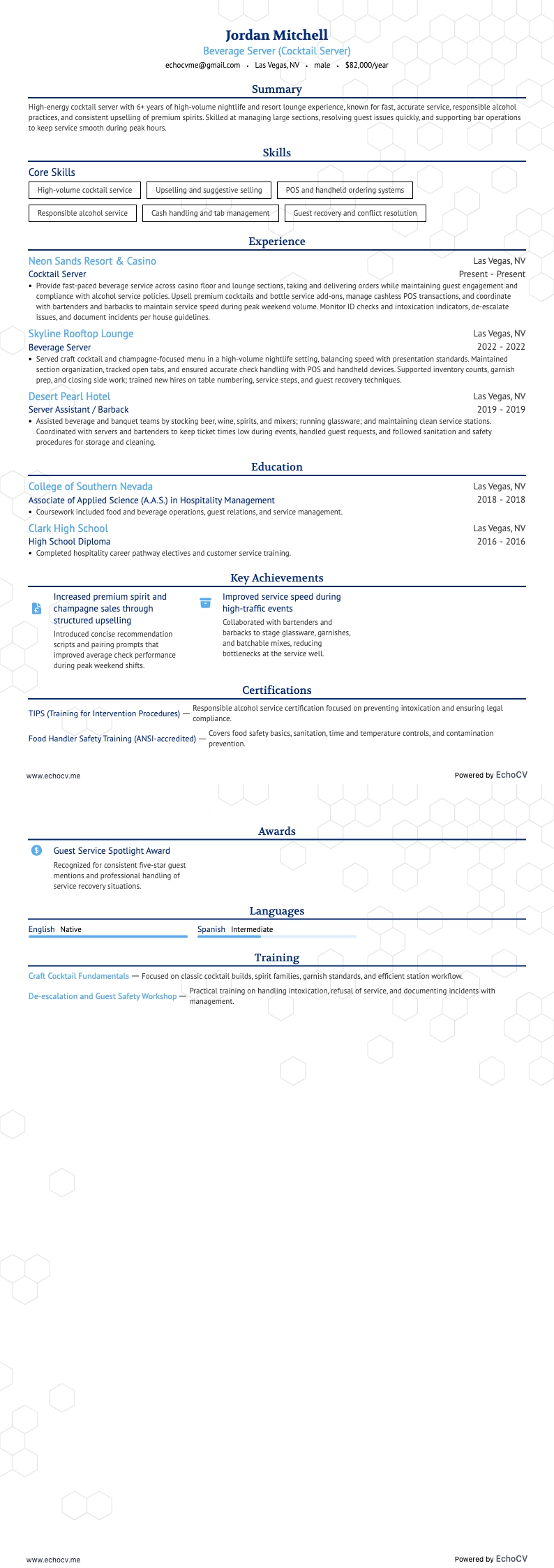 Beverage Server example resume