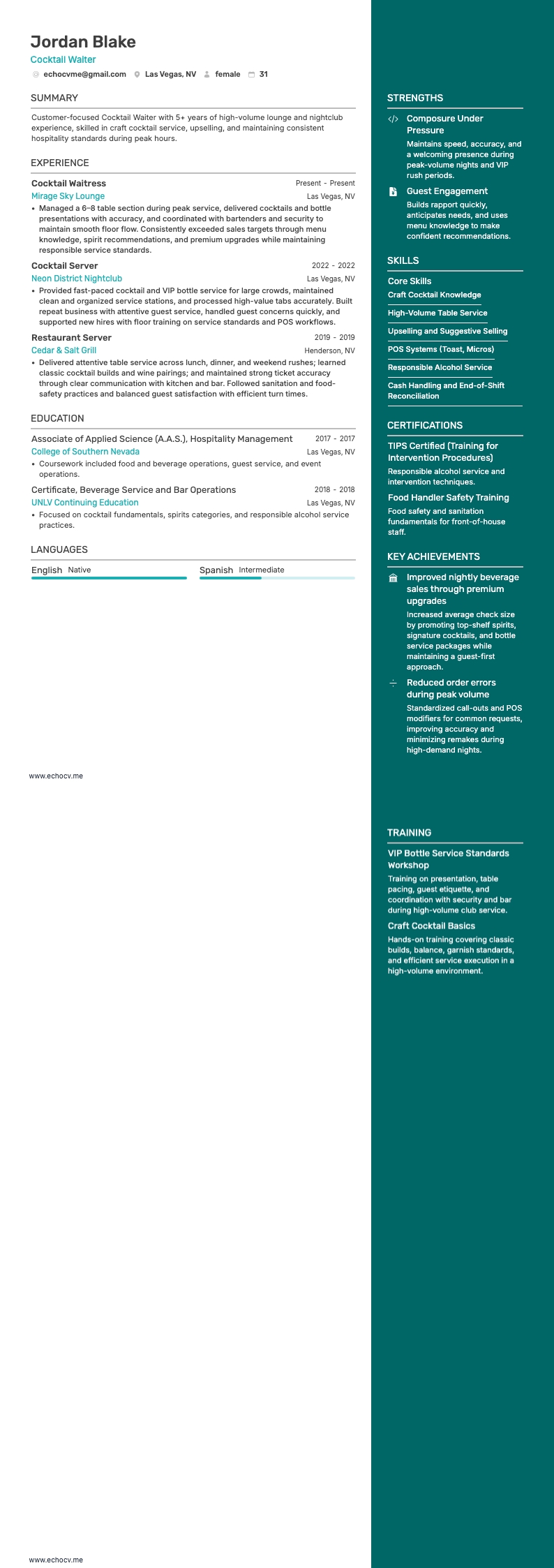 Cocktail Waiter example resume