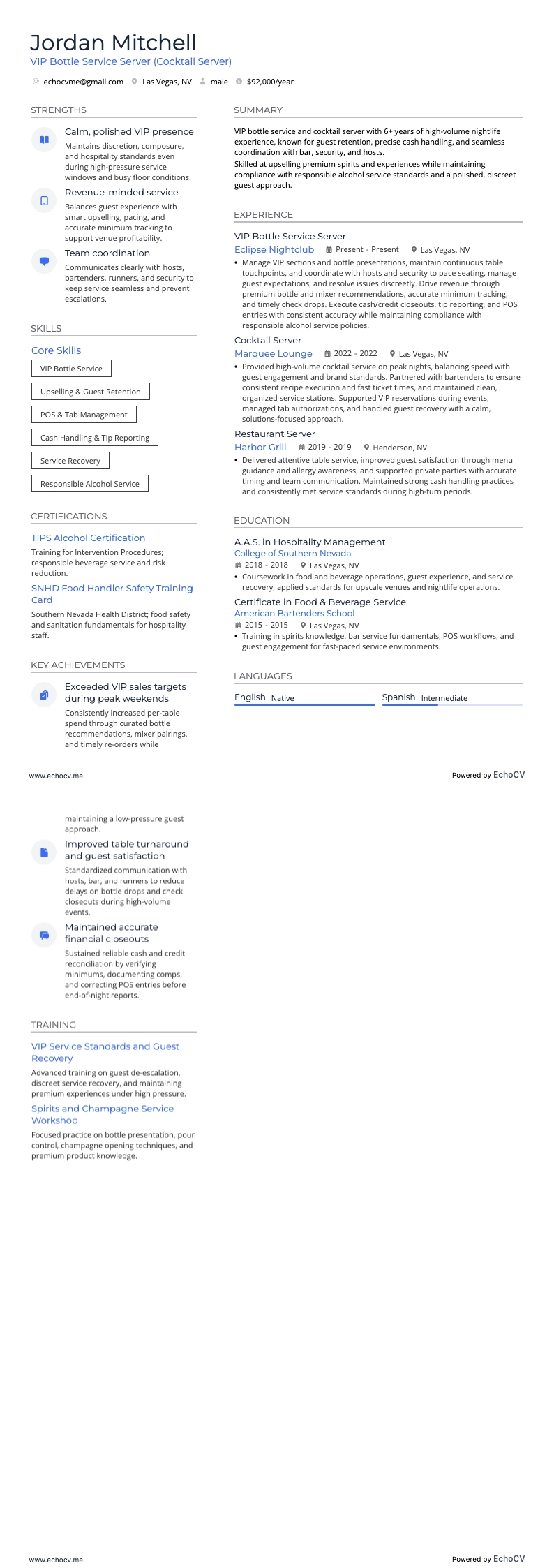 Cocktail Server resume example