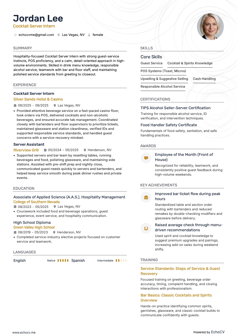 Serveur/serveuse de cocktails resume example