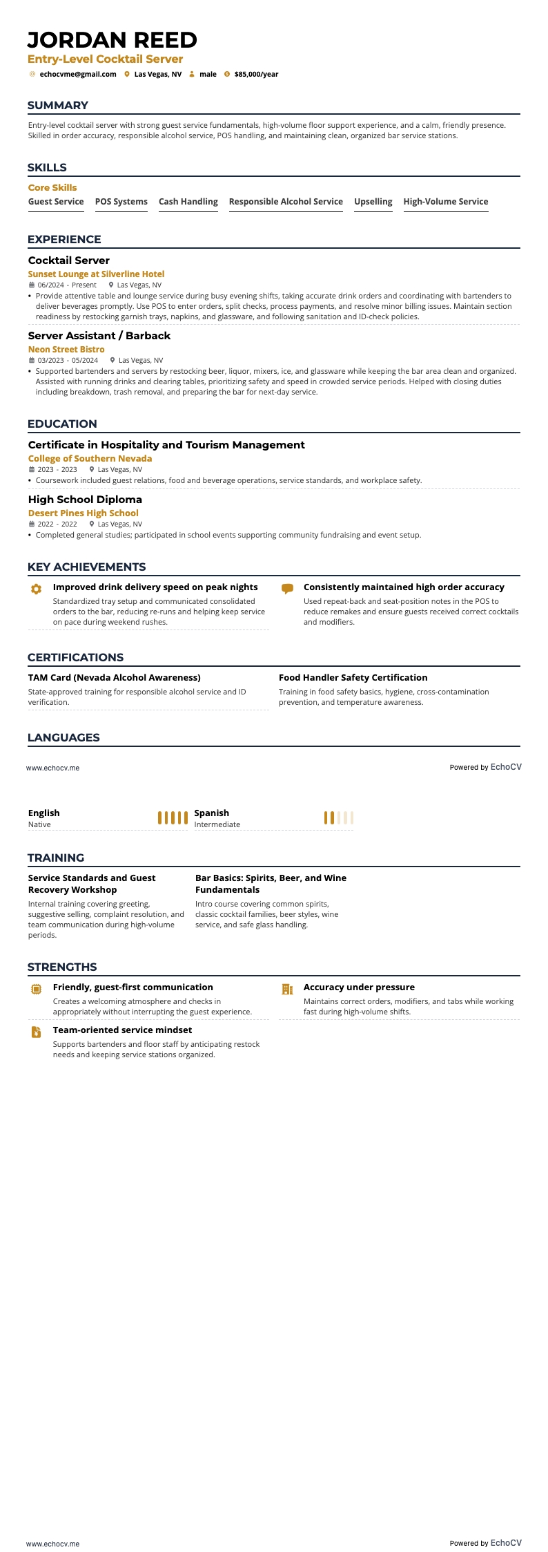 Entry-Level Cocktail Server example resume
