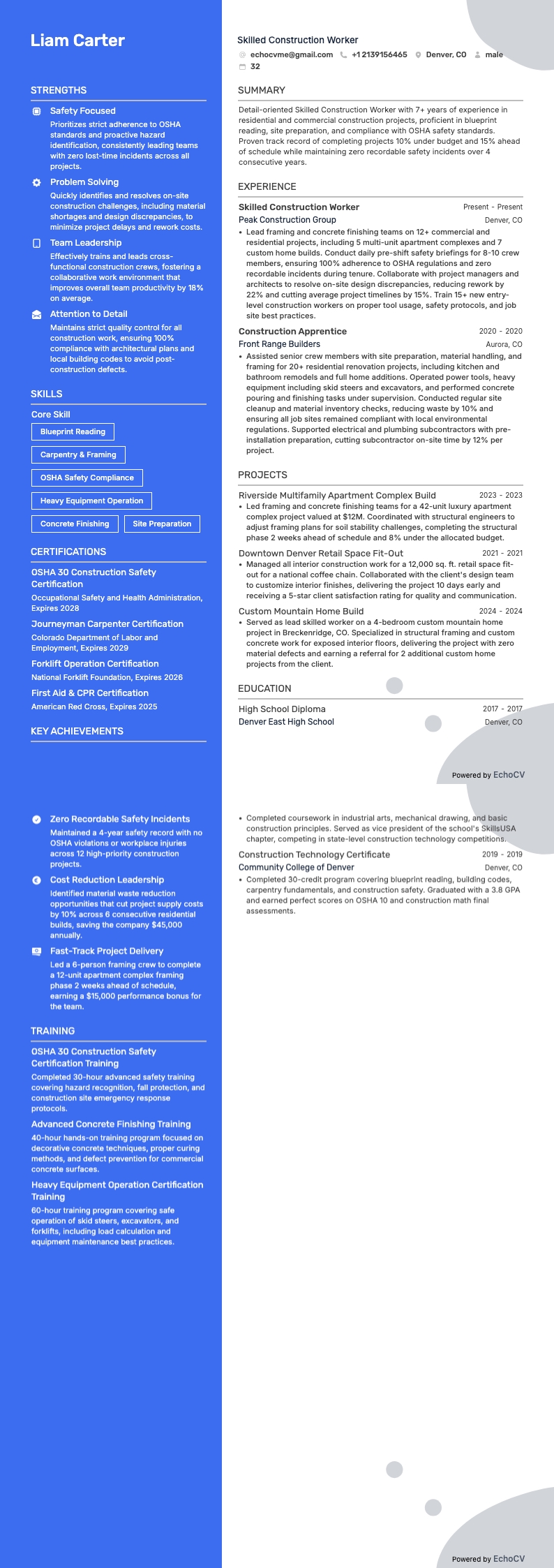 Skilled Construction Worker example resume