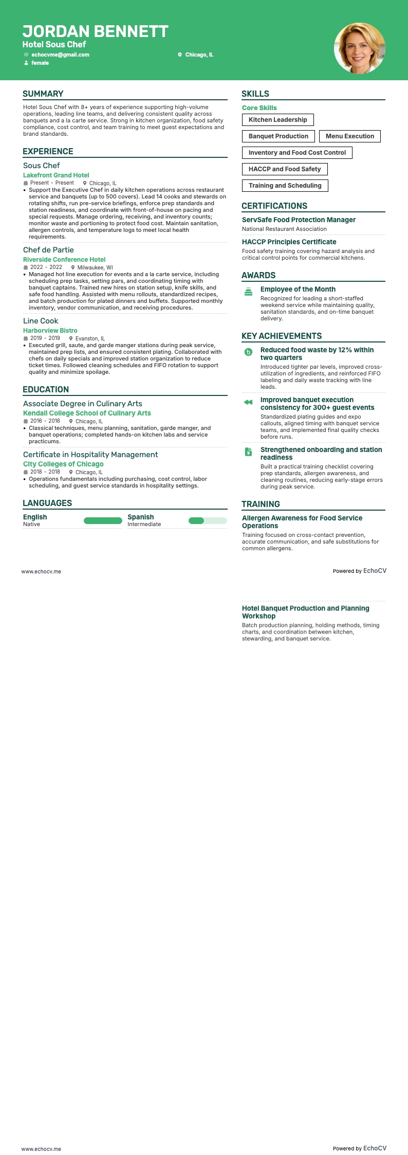 Sous-chef resume example