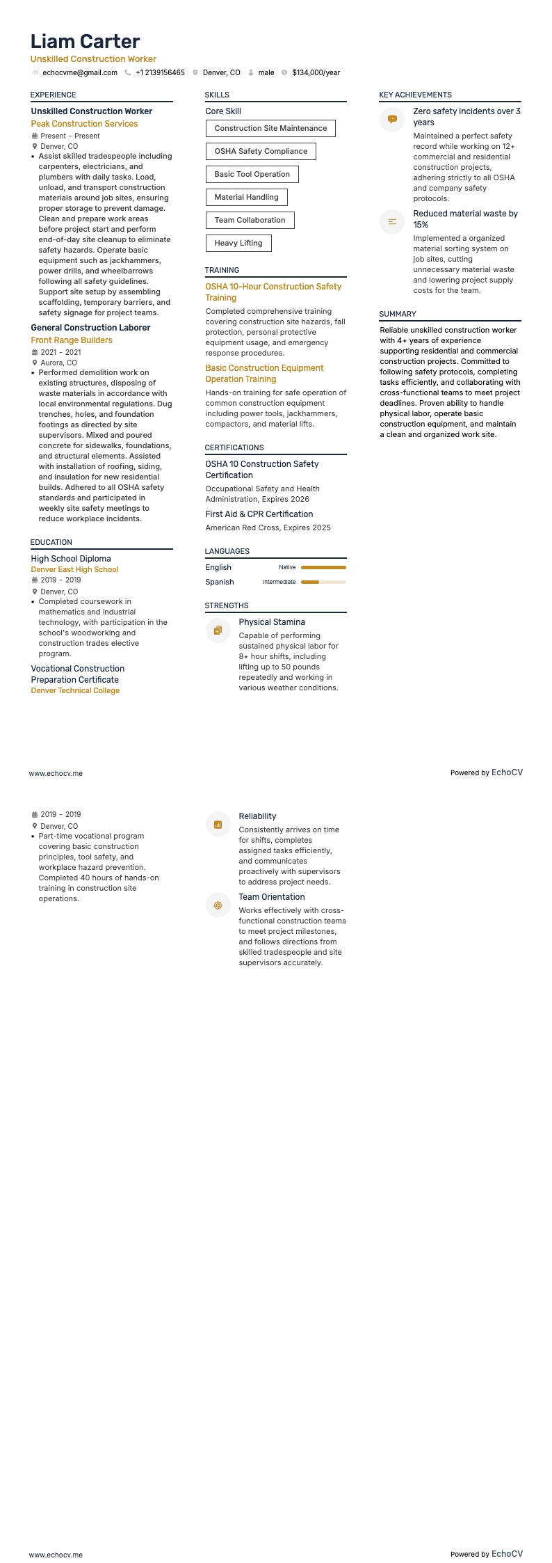 建設作業員 resume example
