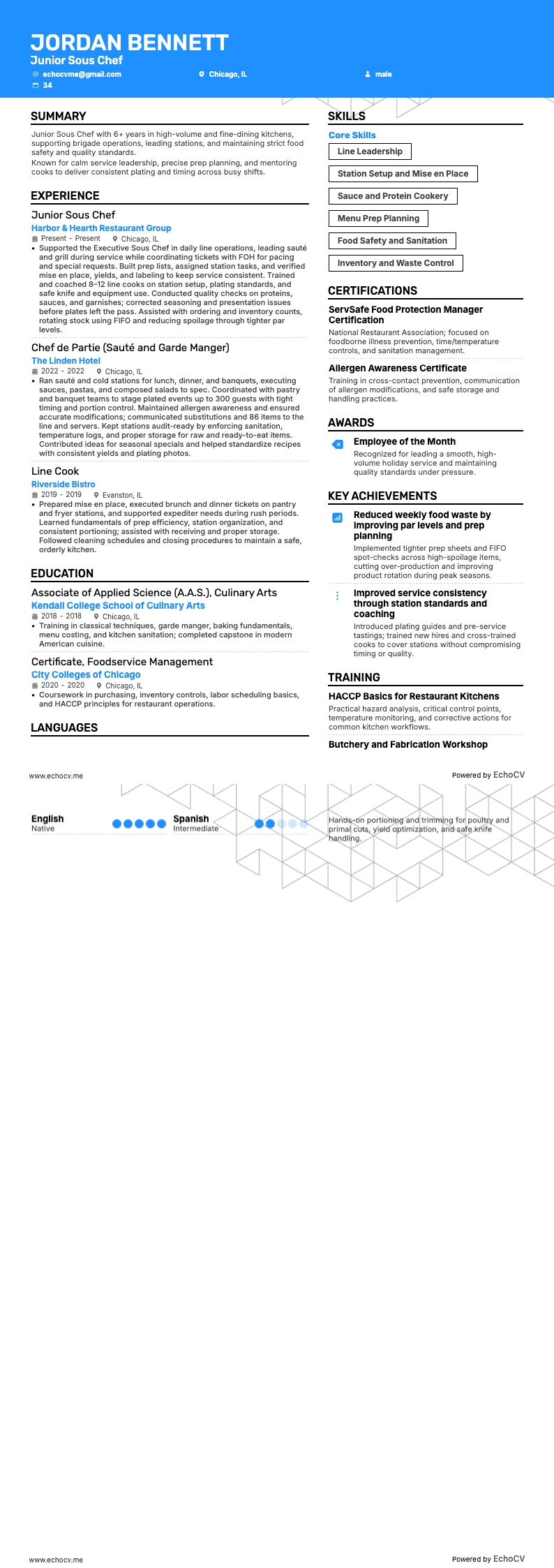 Sous-chef resume example