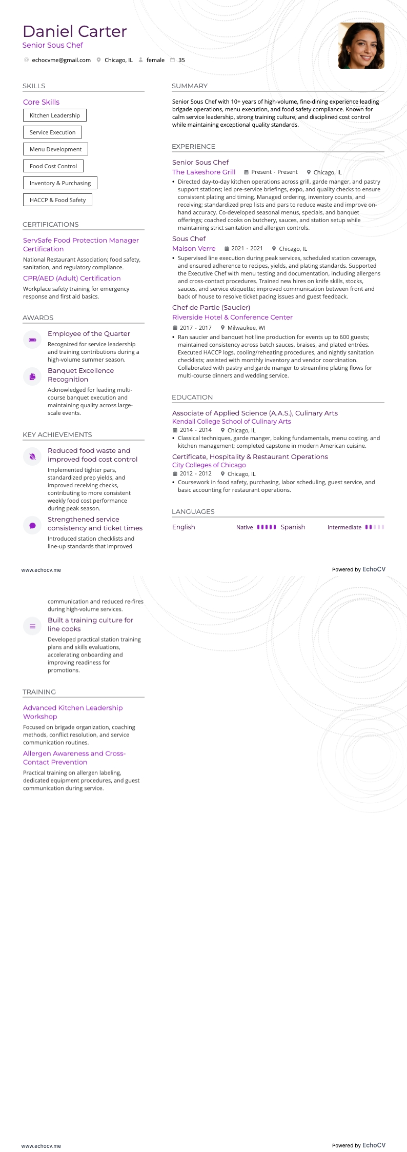 Sous-chef principal example resume