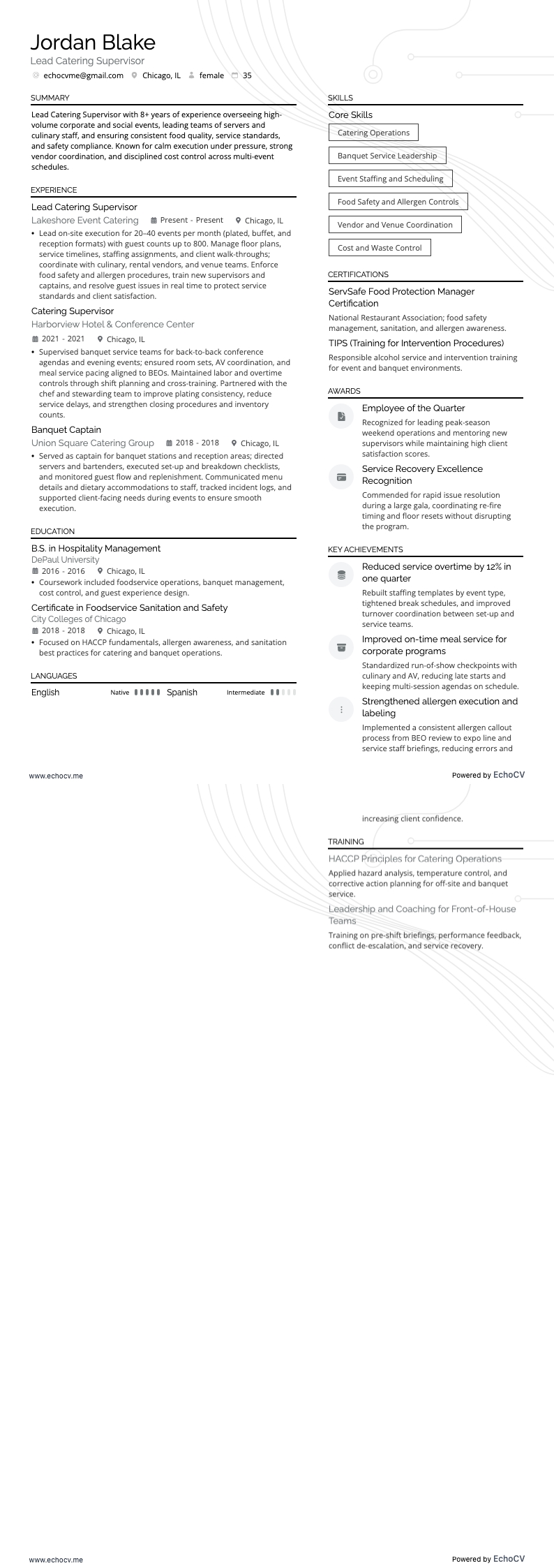 Lead Catering Supervisor example resume