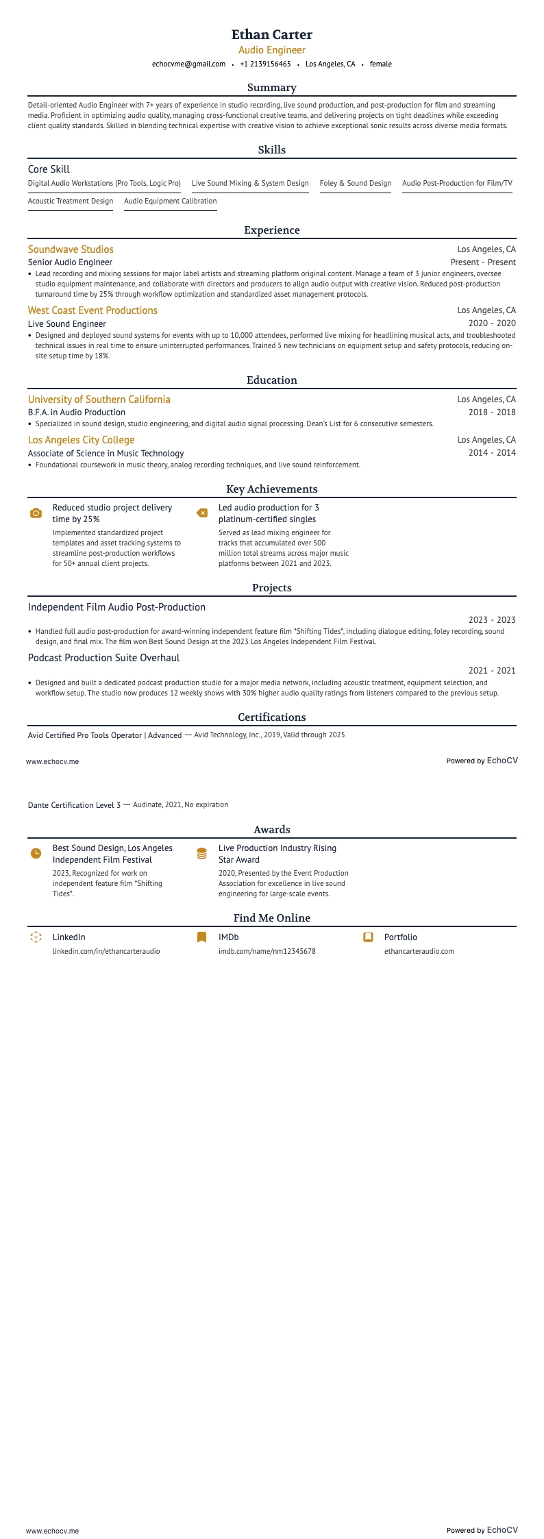 Audio Engineer example resume