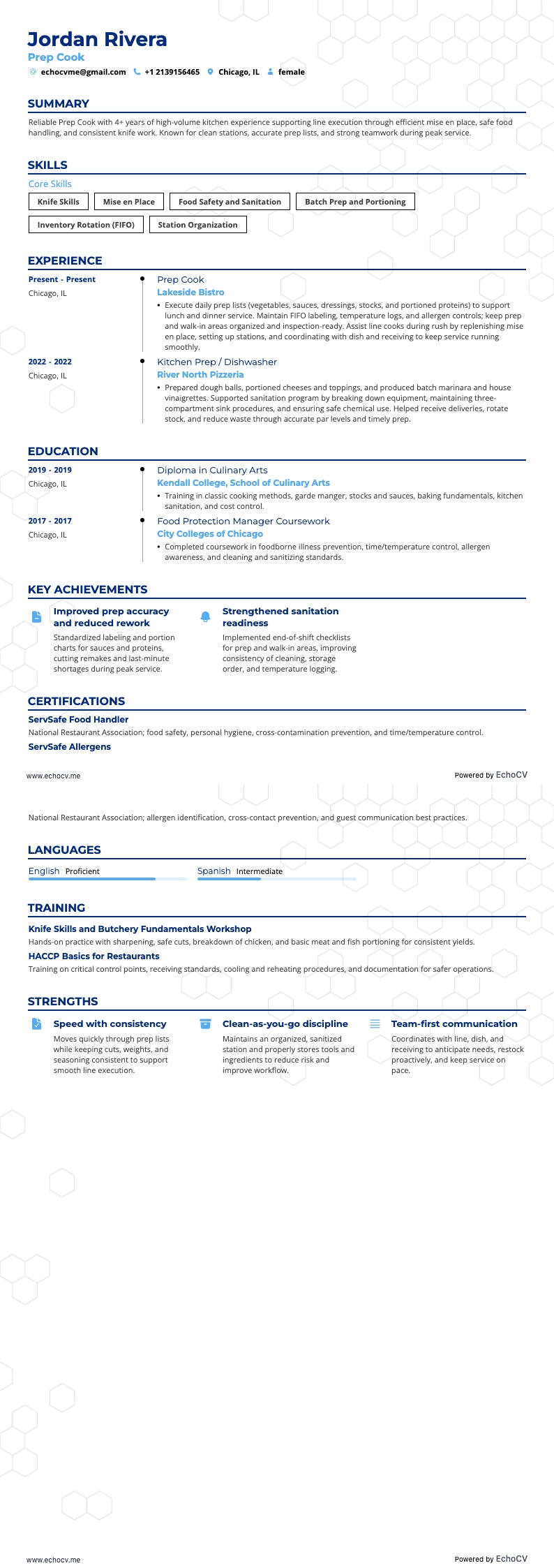 Prep Cook example resume