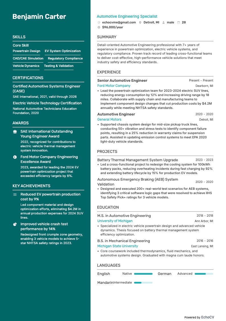 Automotive Engineering example resume