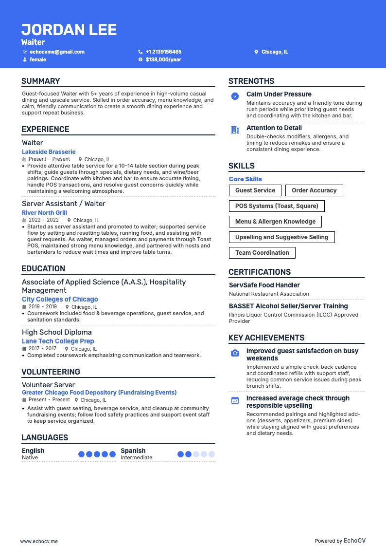 Waiter example resume