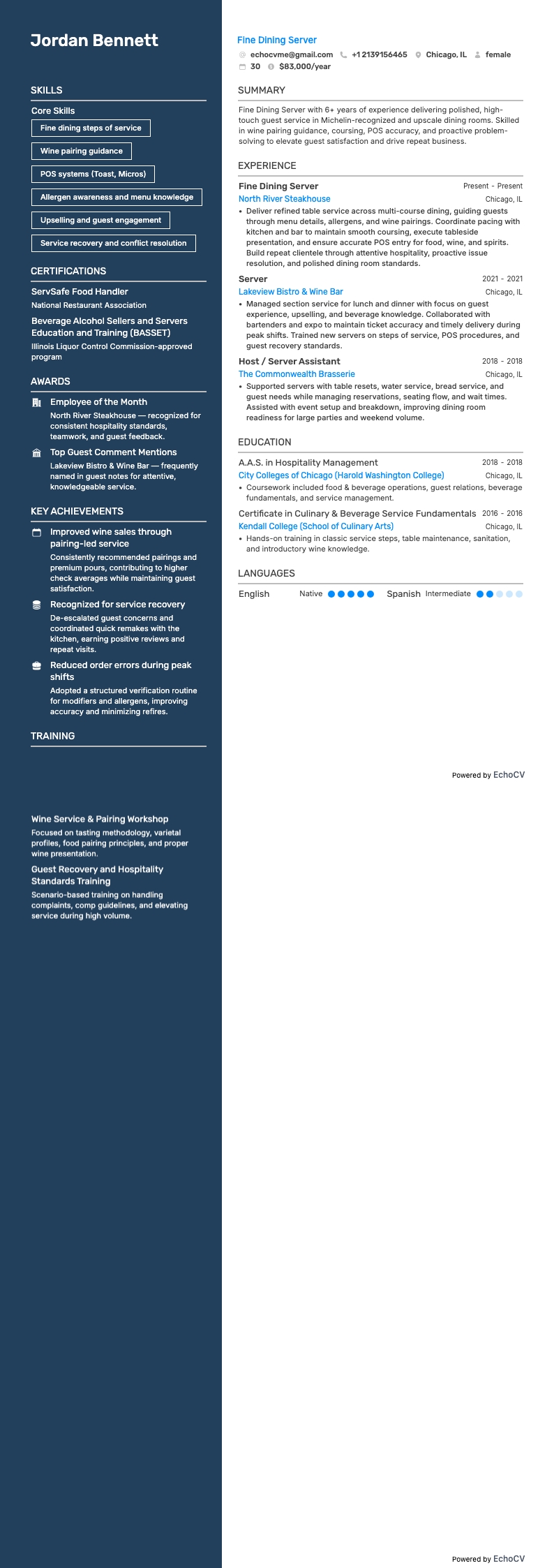 Fine Dining Server example resume