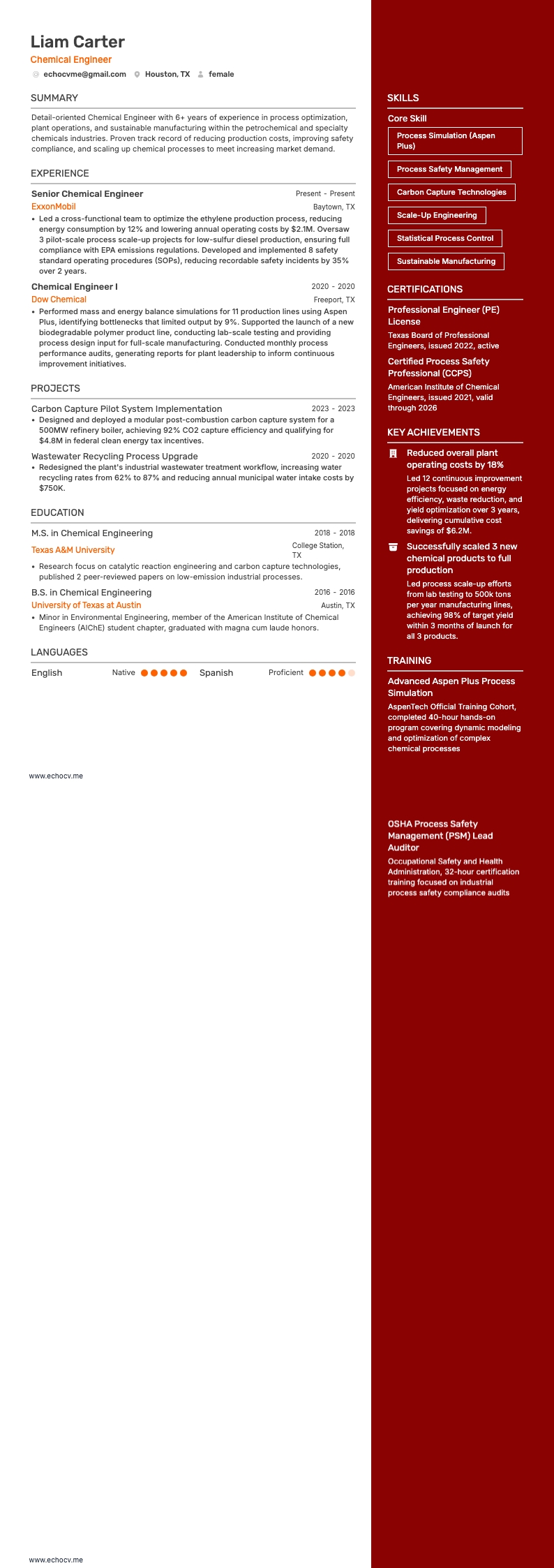 Chemical Engineer example resume