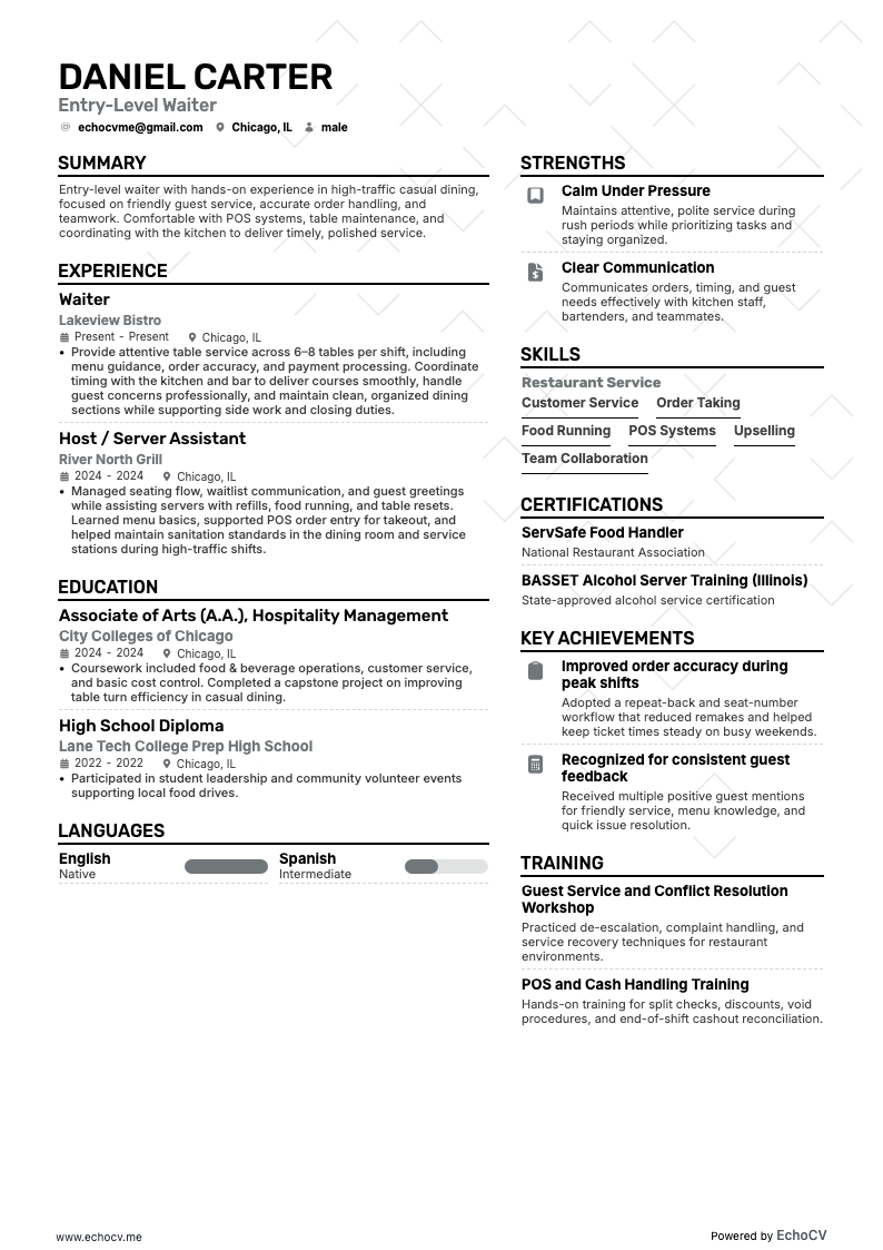 Entry-Level Waiter example resume