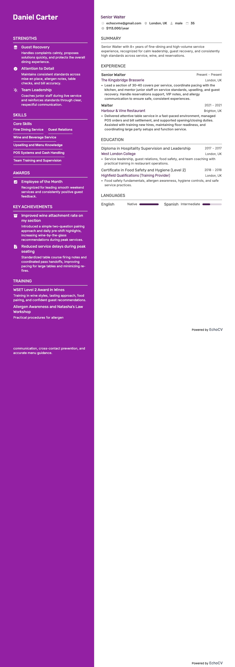 Senior Waiter example resume