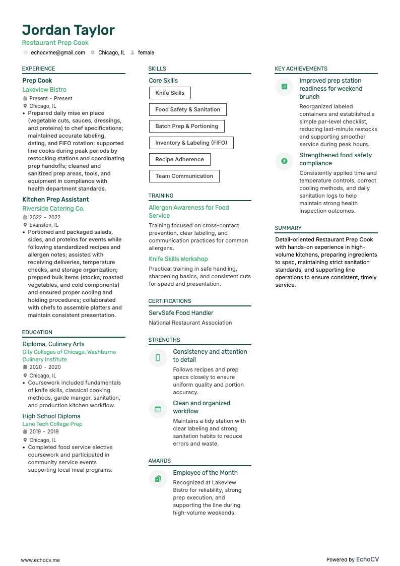 Đầu bếp sơ chế nhà hàng example resume