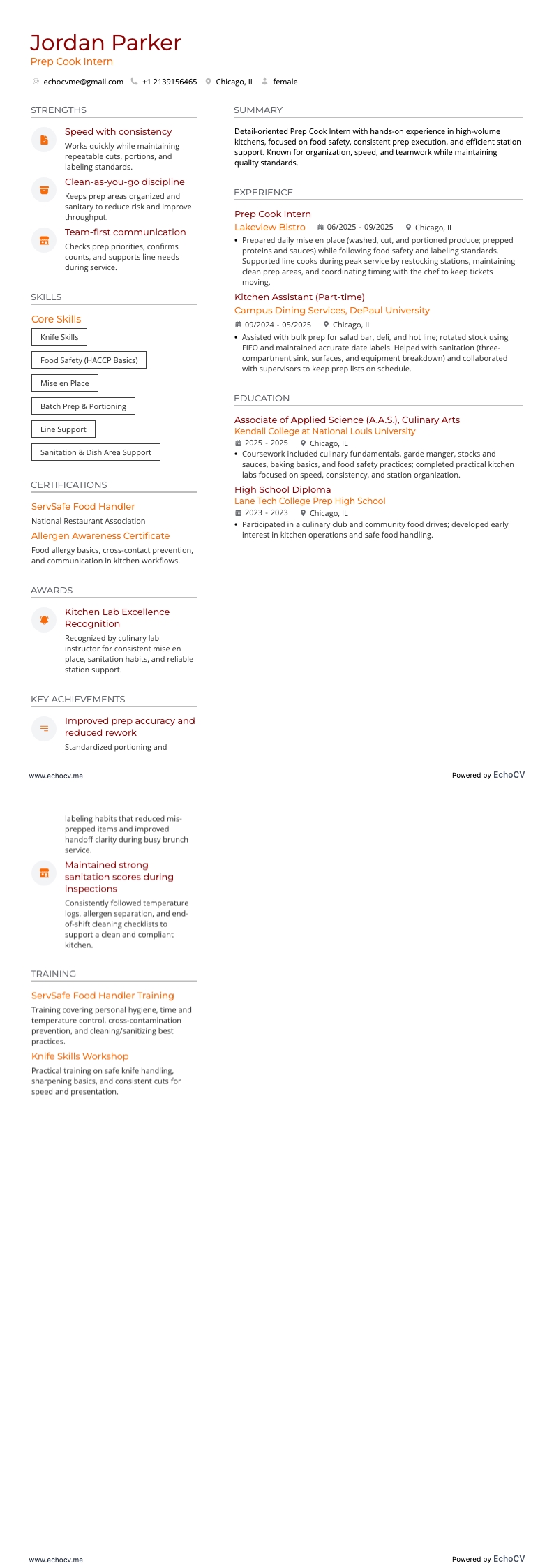 Thực tập sinh phụ bếp example resume