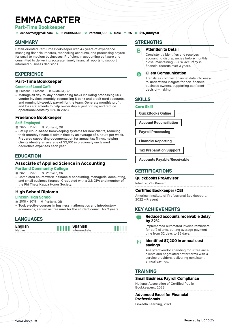 パートタイムの経理担当 example resume