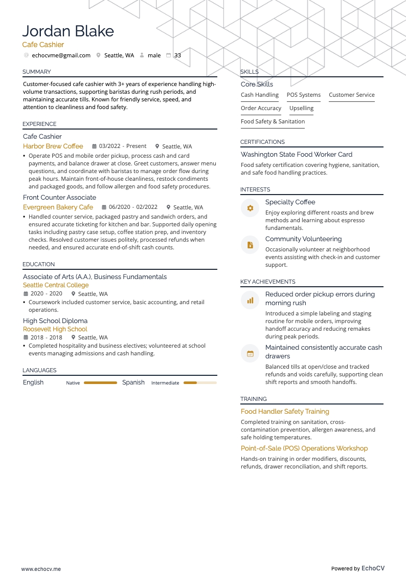 Cafe Cashier example resume