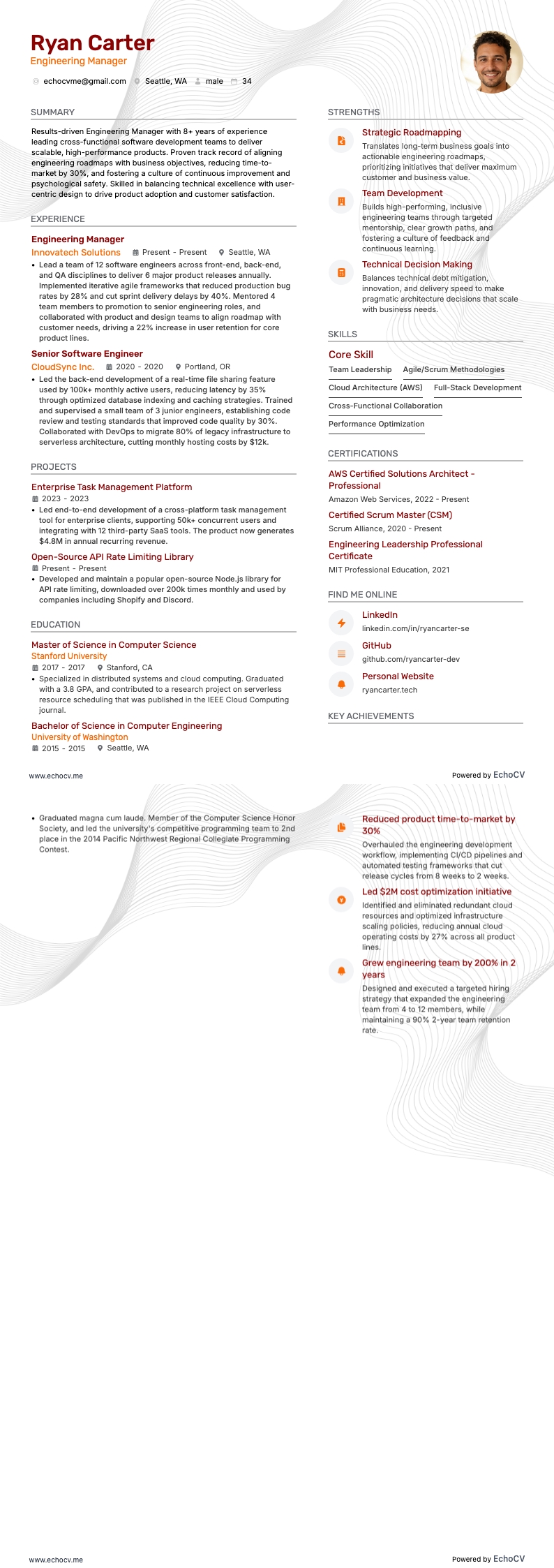 Engineering Manager example resume