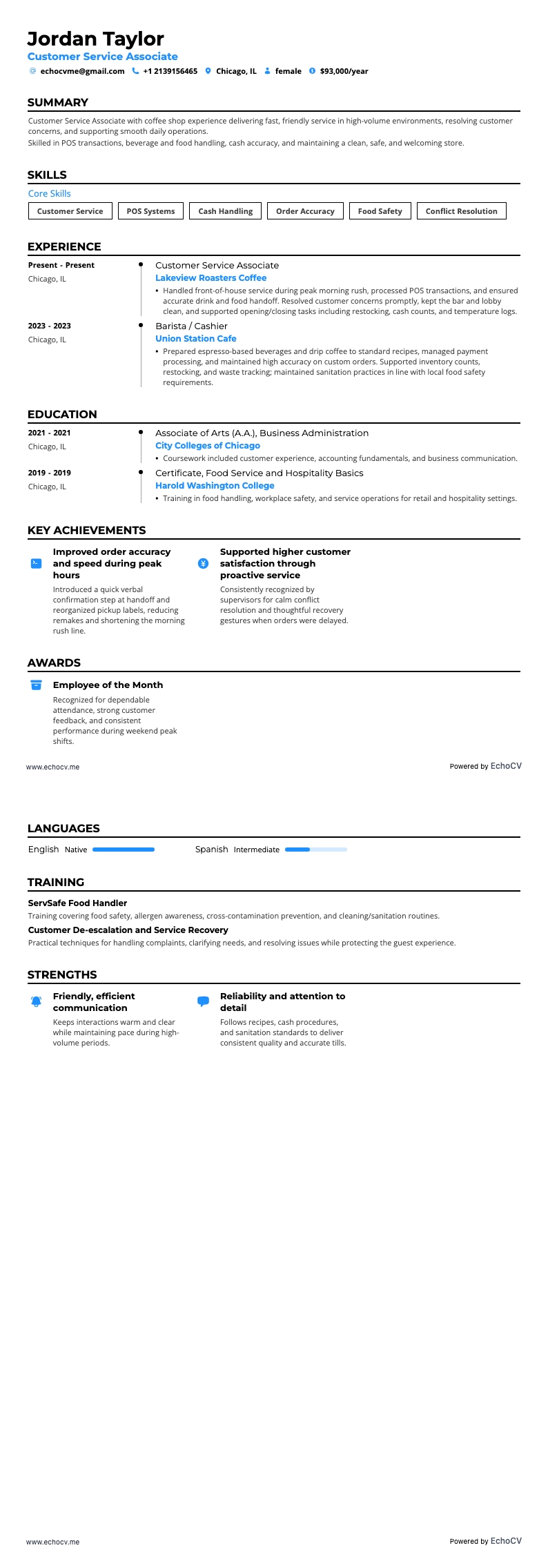 Customer Service Associate example resume