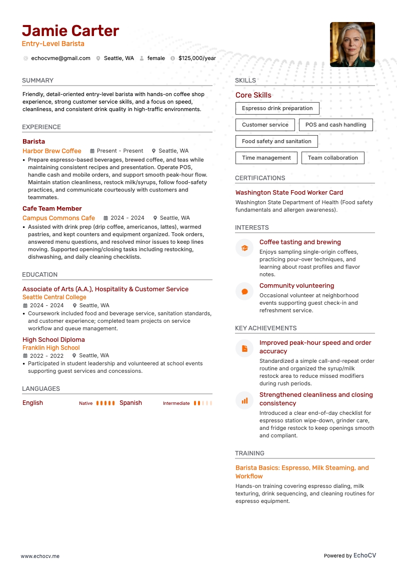 Entry-Level Barista example resume