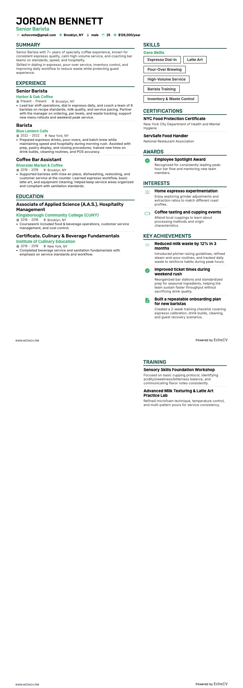 Senior Barista example resume