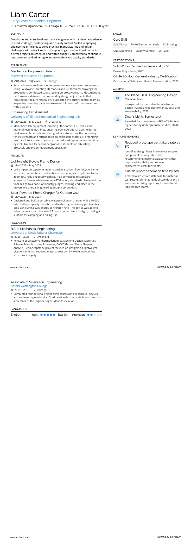 Entry Level Mechanical Engineer example resume