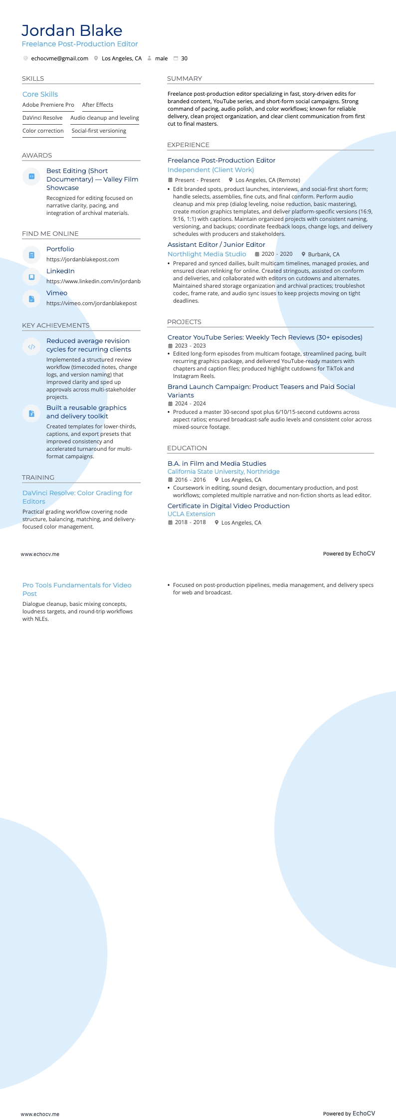 フリーランスの動画編集者 resume example