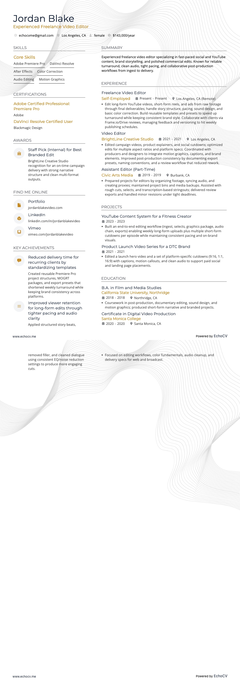 Monteur vidéo freelance resume example