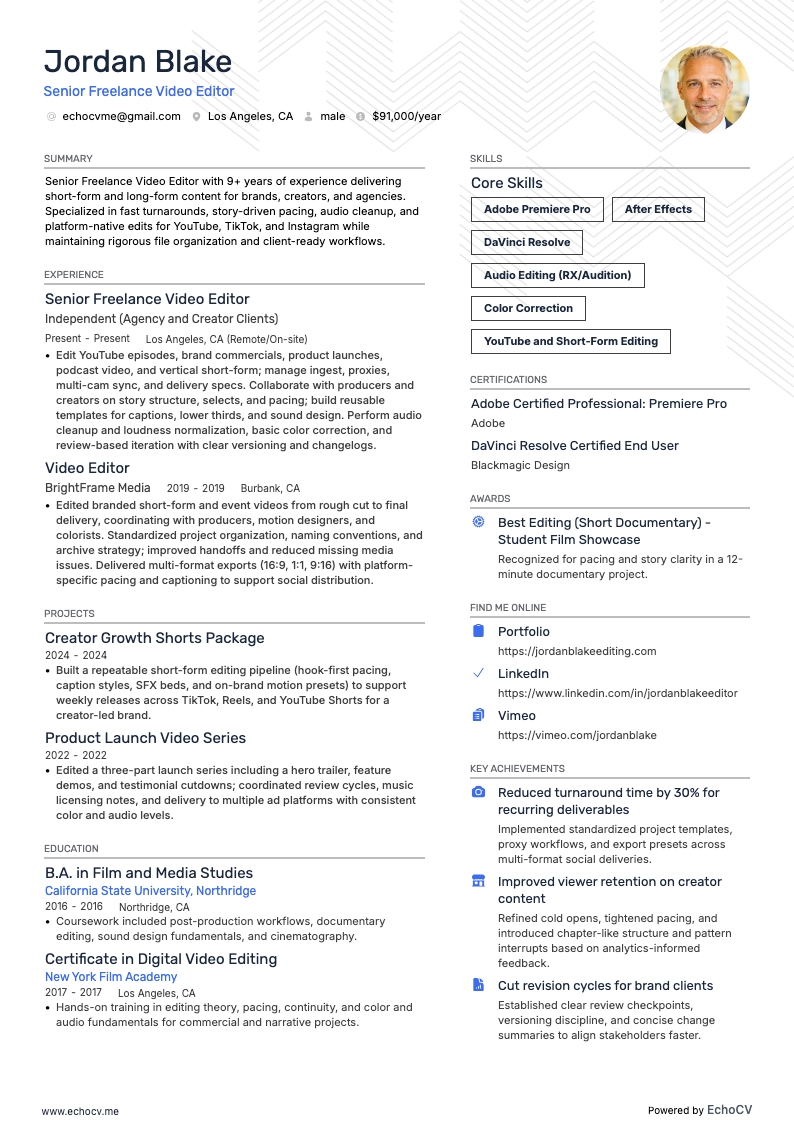 Freelance Video Editor resume example