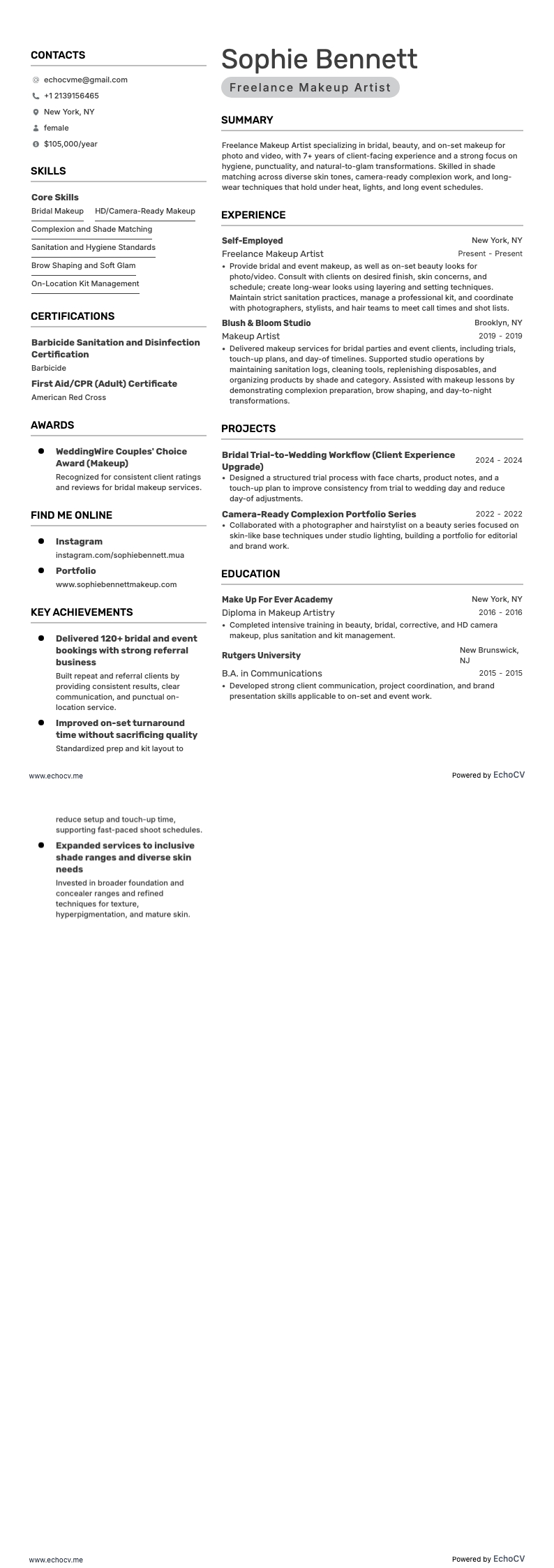 Freelance Makeup Artist resume example