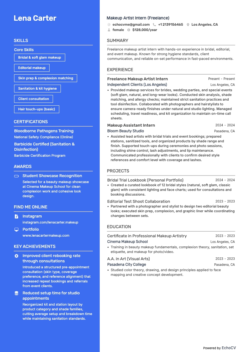 フリーランスのメイクアップアーティスト resume example