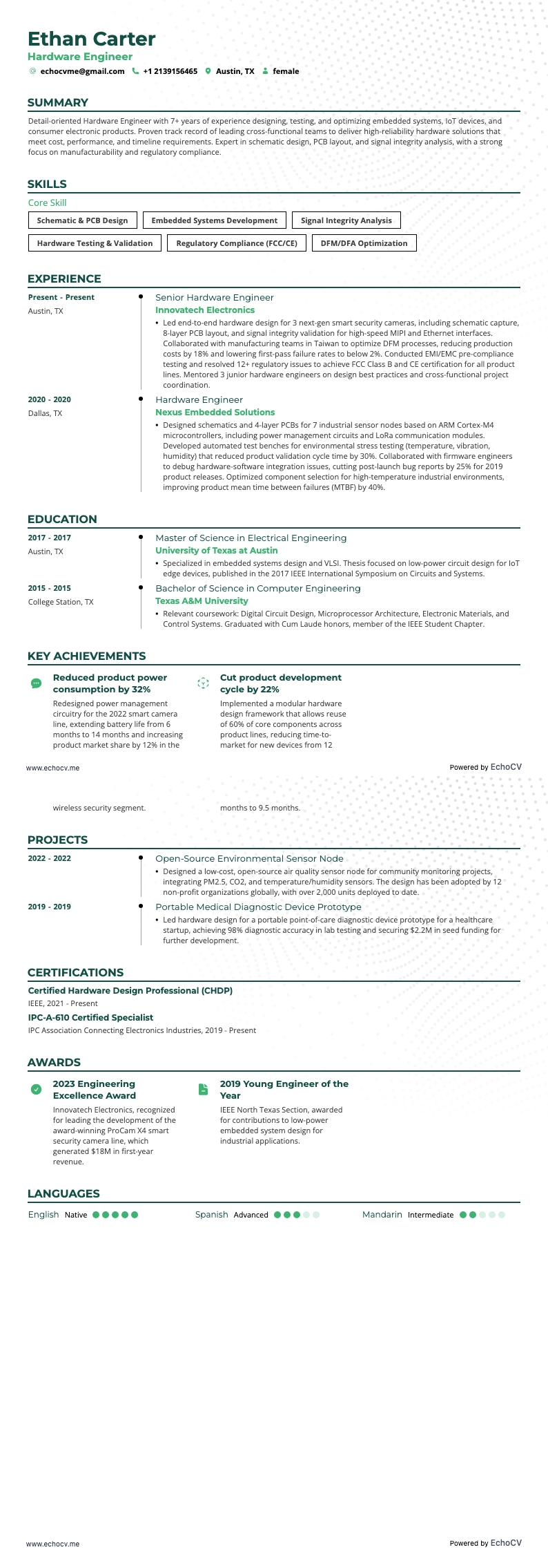 Hardware Engineer example resume