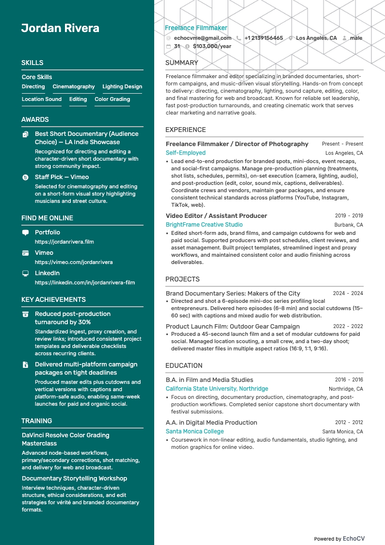 フリーランス映像制作者 resume example