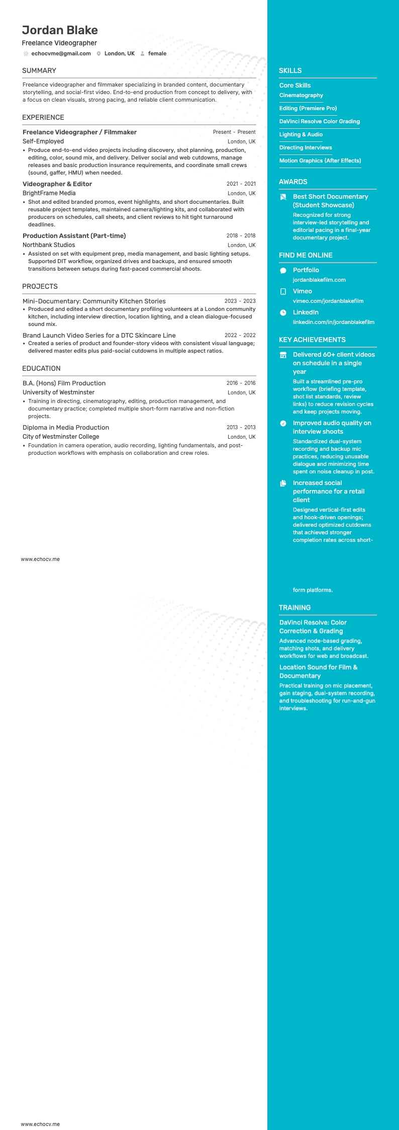 Freelance Videographer example resume