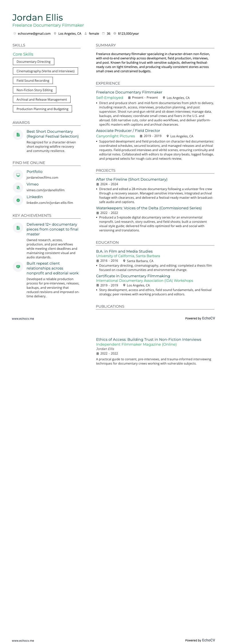 Réalisateur freelance resume example