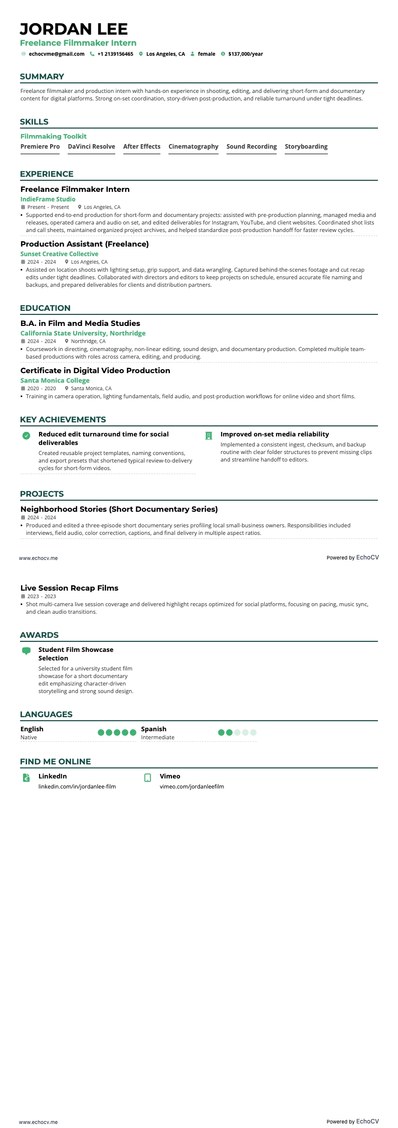 Stagista filmmaker freelance