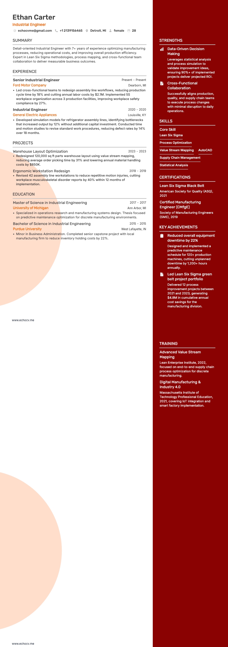 Industrial Engineer example resume