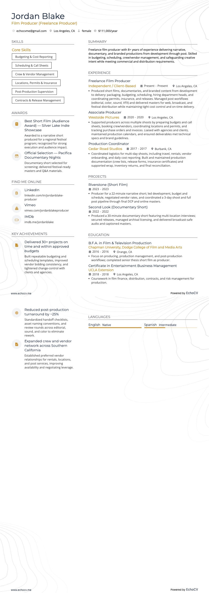 Producteur freelance resume example