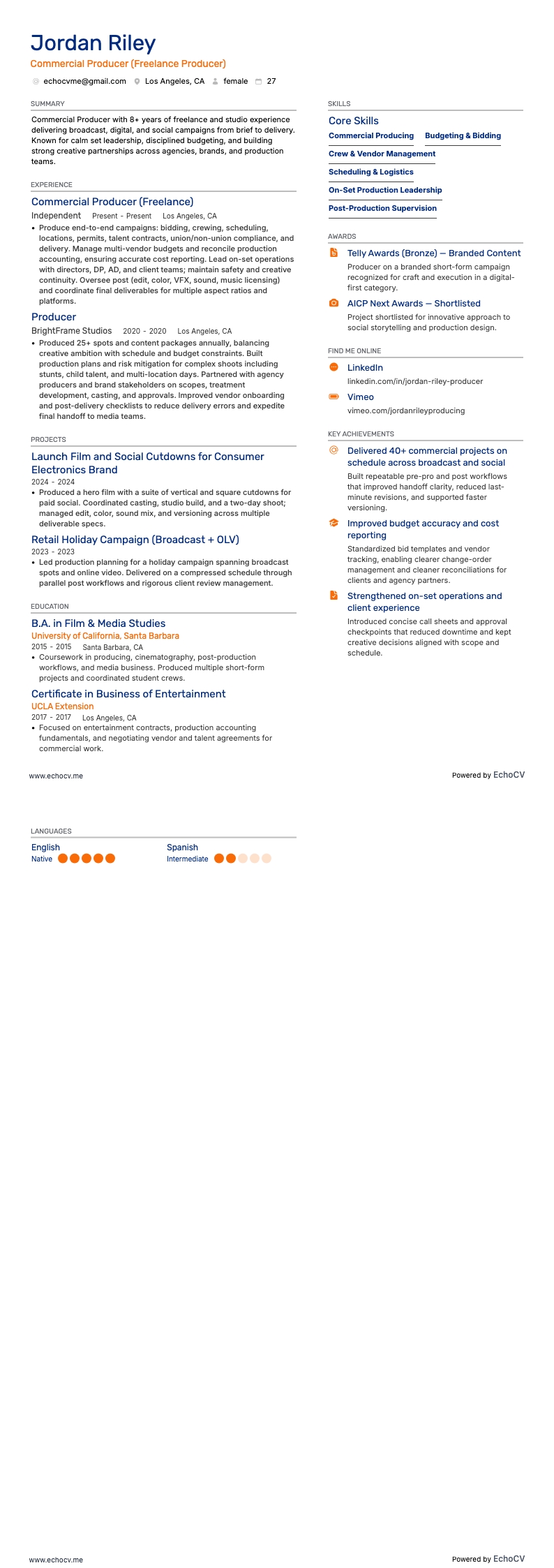 Productor freelance resume example