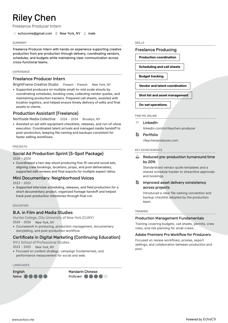 Freelance Producer resume example