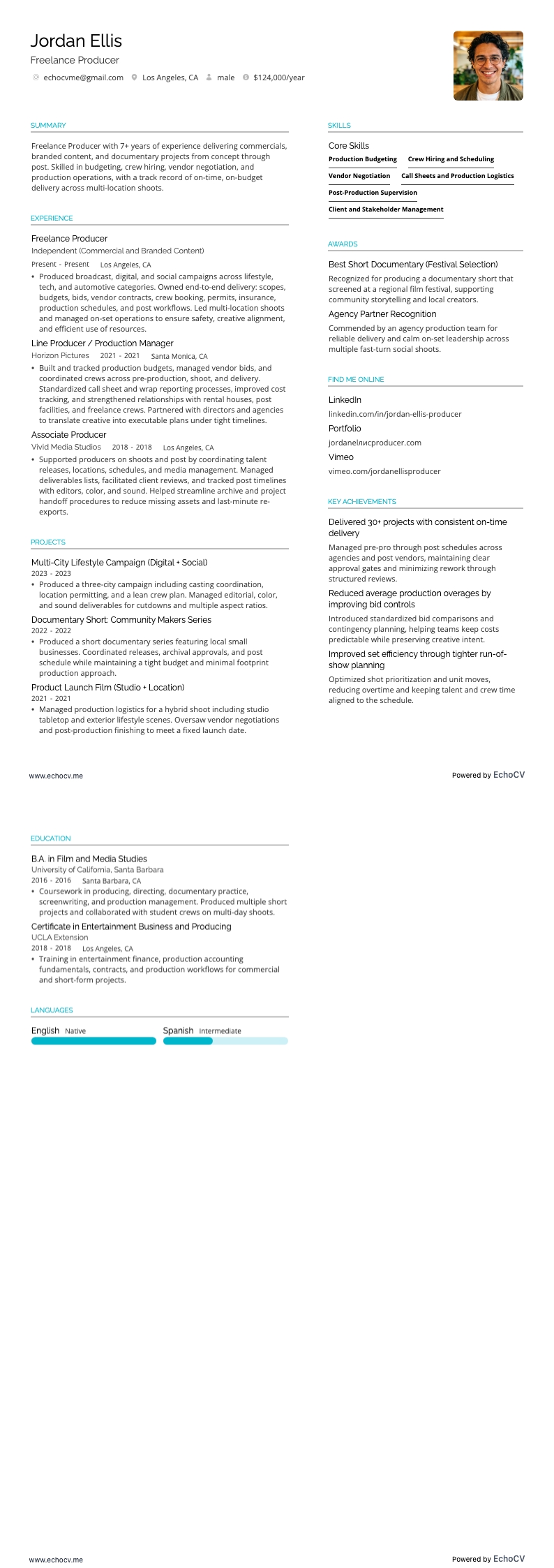 Produtor freelancer resume example