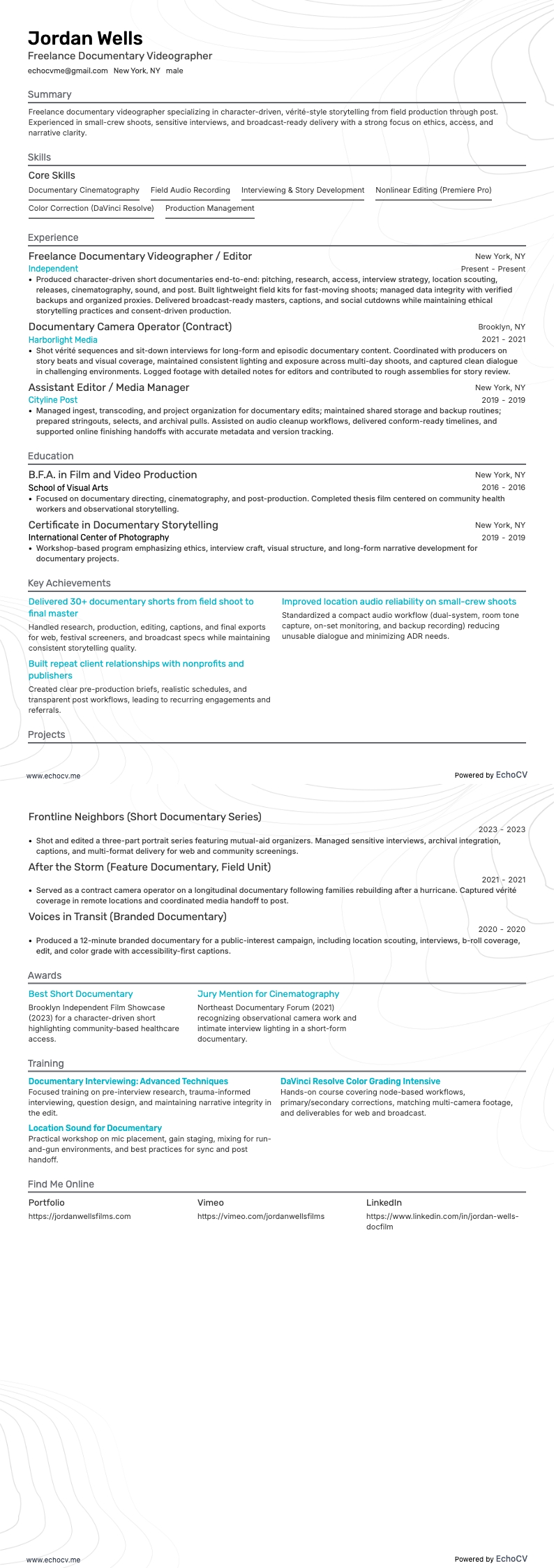 Freelance documentaire-videograaf example resume