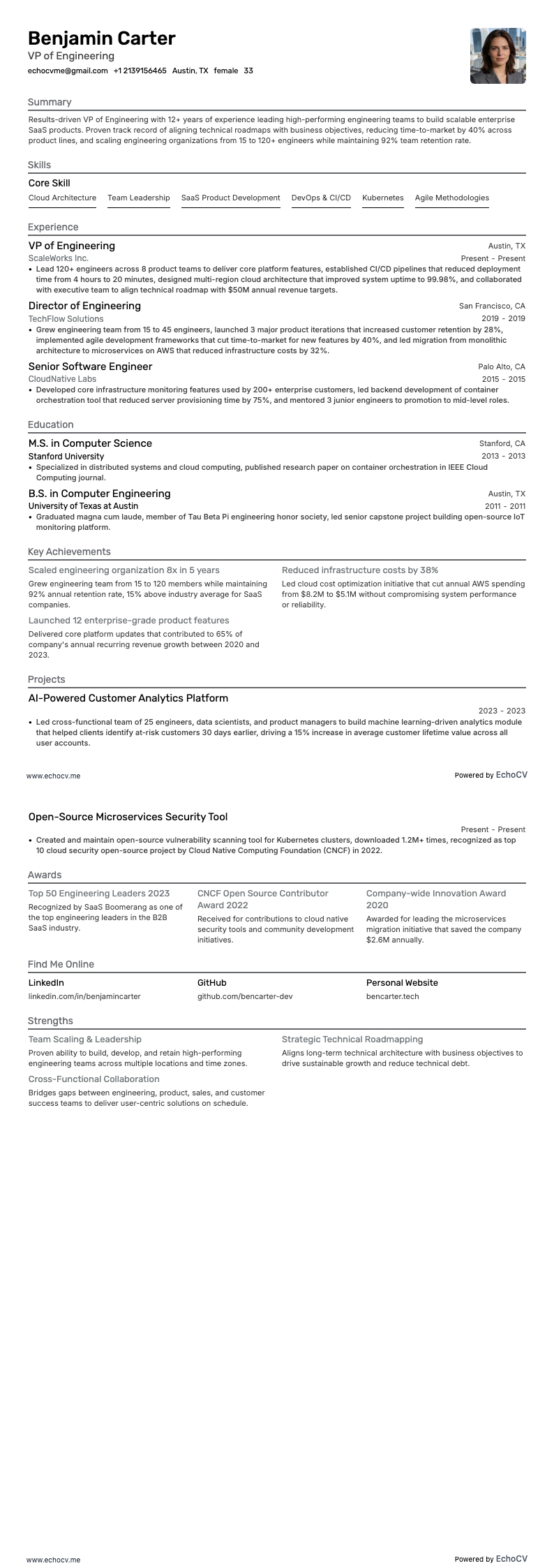 VP of Engineering example resume