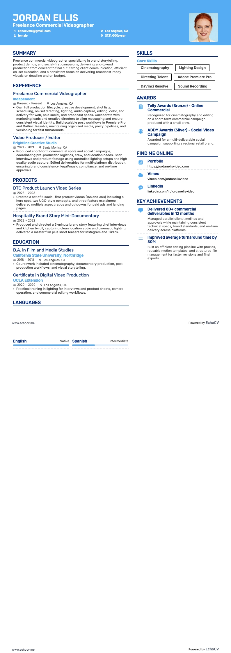 Freiberuflicher Videograf resume example